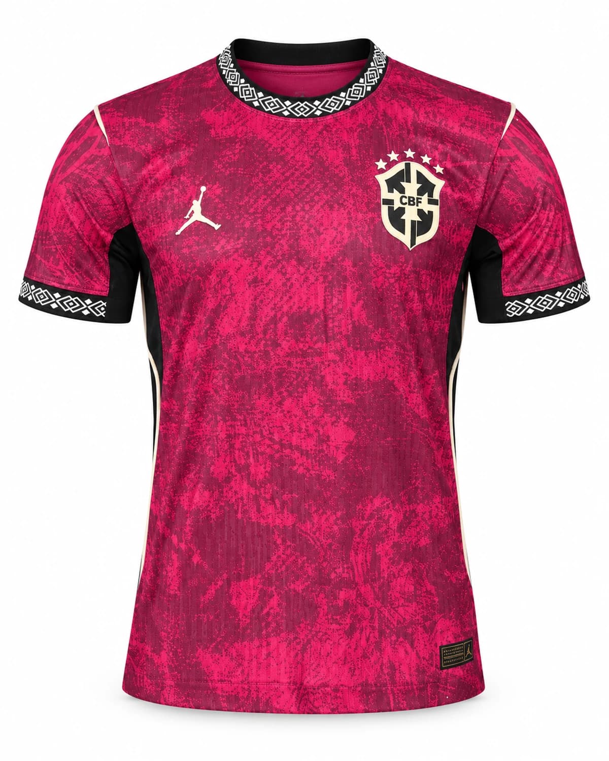 Brazil jersey in crimson and pink mottled print with dark collar, viewed from the front