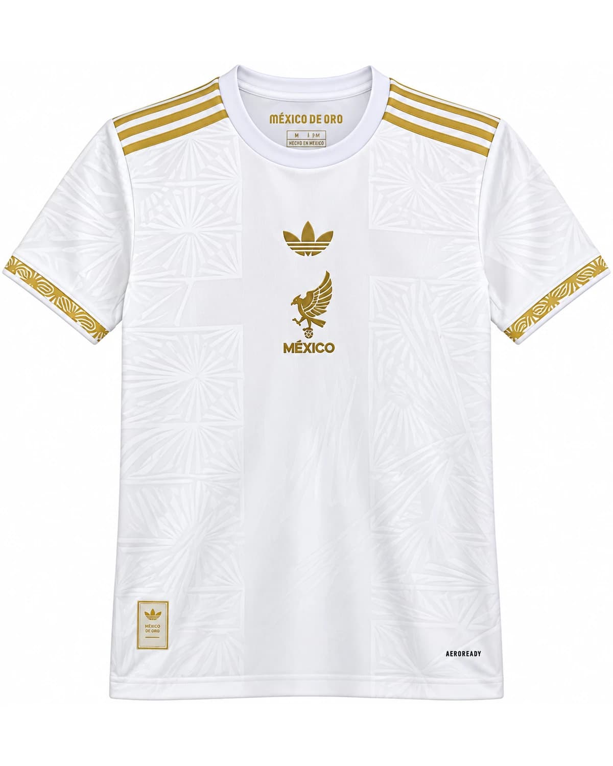 Mexico jersey in white with gold details and short sleeves, viewed from the front